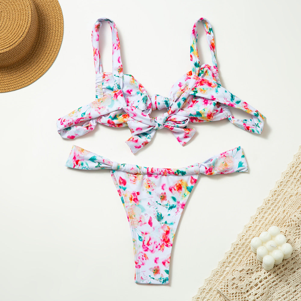 Renkli Çiçek Desenli Fiyonk Detaylı Bikini Takımı Zalle