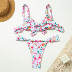 Renkli Çiçek Desenli Fiyonk Detaylı Bikini Takımı Zalle