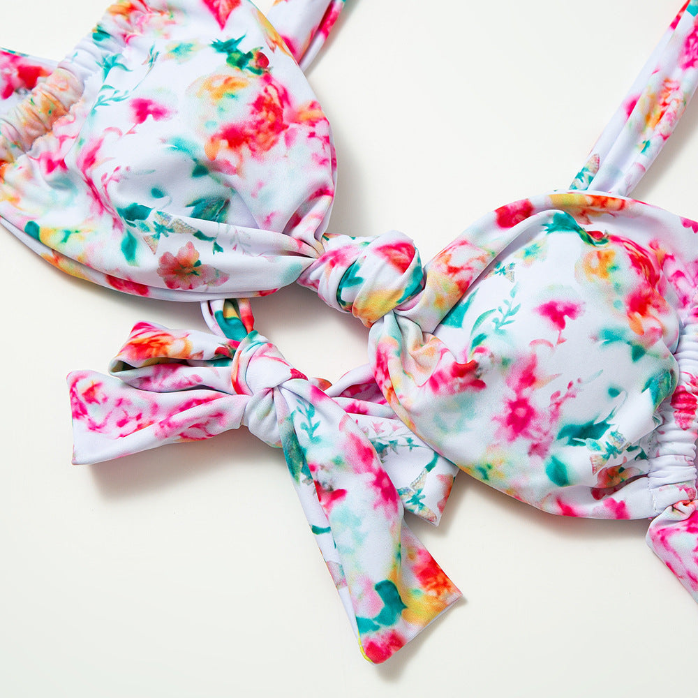 Renkli Çiçek Desenli Fiyonk Detaylı Bikini Takımı Zalle