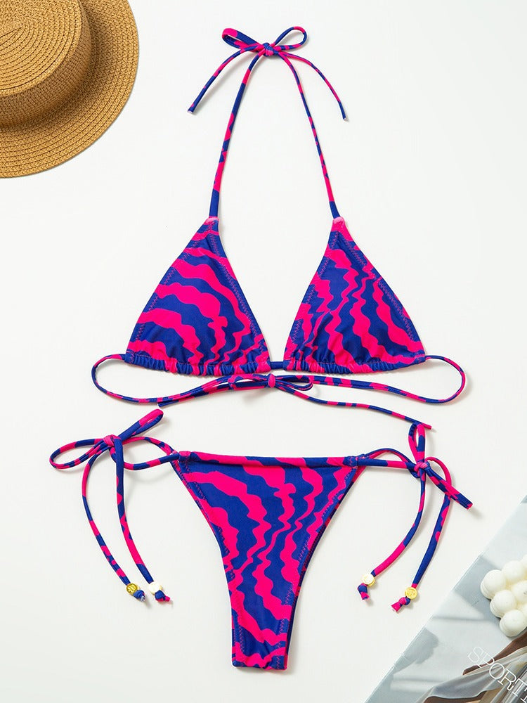 Renkli Desenli İp Bağlamalı Mikro Bikini Takımı