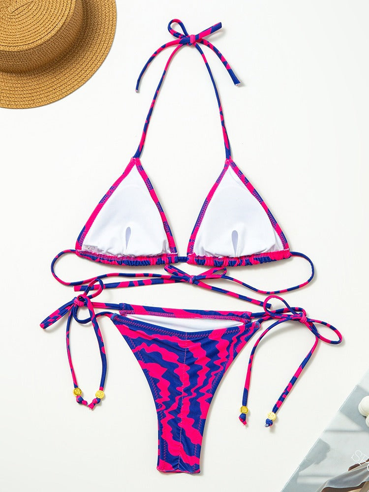 Renkli Desenli İp Bağlamalı Mikro Bikini Takımı