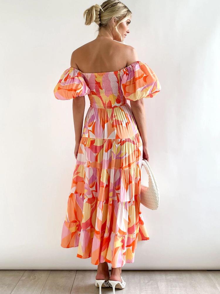 Renkli Desenli Off-Shoulder Katlı Maxi Elbise