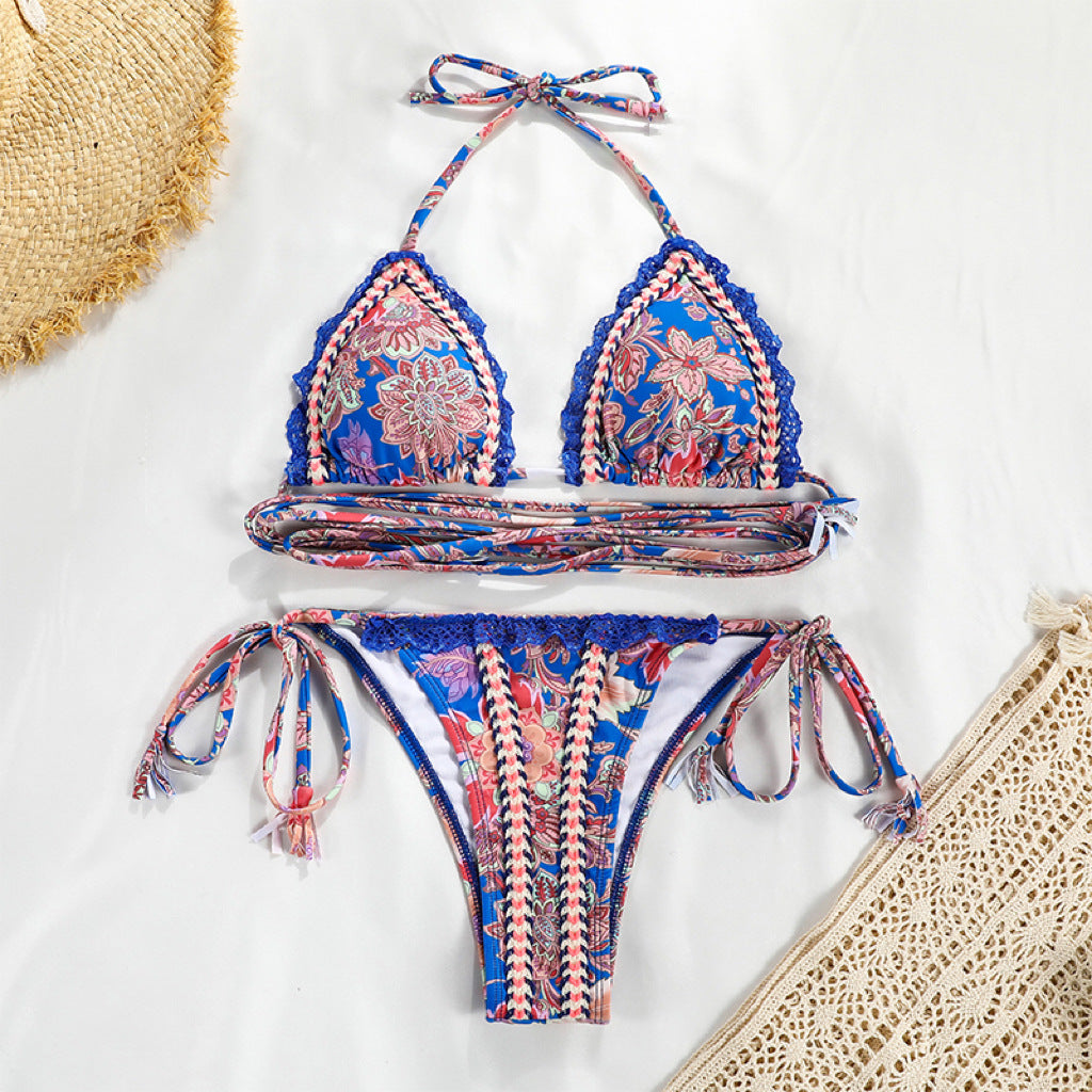 Renkli Örgü Detaylı İp Bağlamalı Üçgen Bikini Takımı Zalle