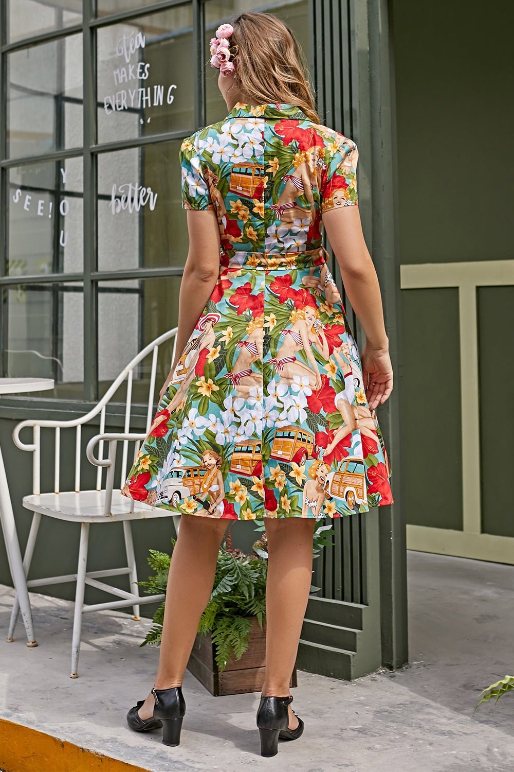 Retro Pin-Up Baskılı Kemerli Gömlek Elbise