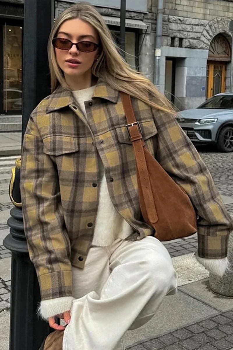Kahverengi Ekose Oversize Kaşe Ceket Zalle