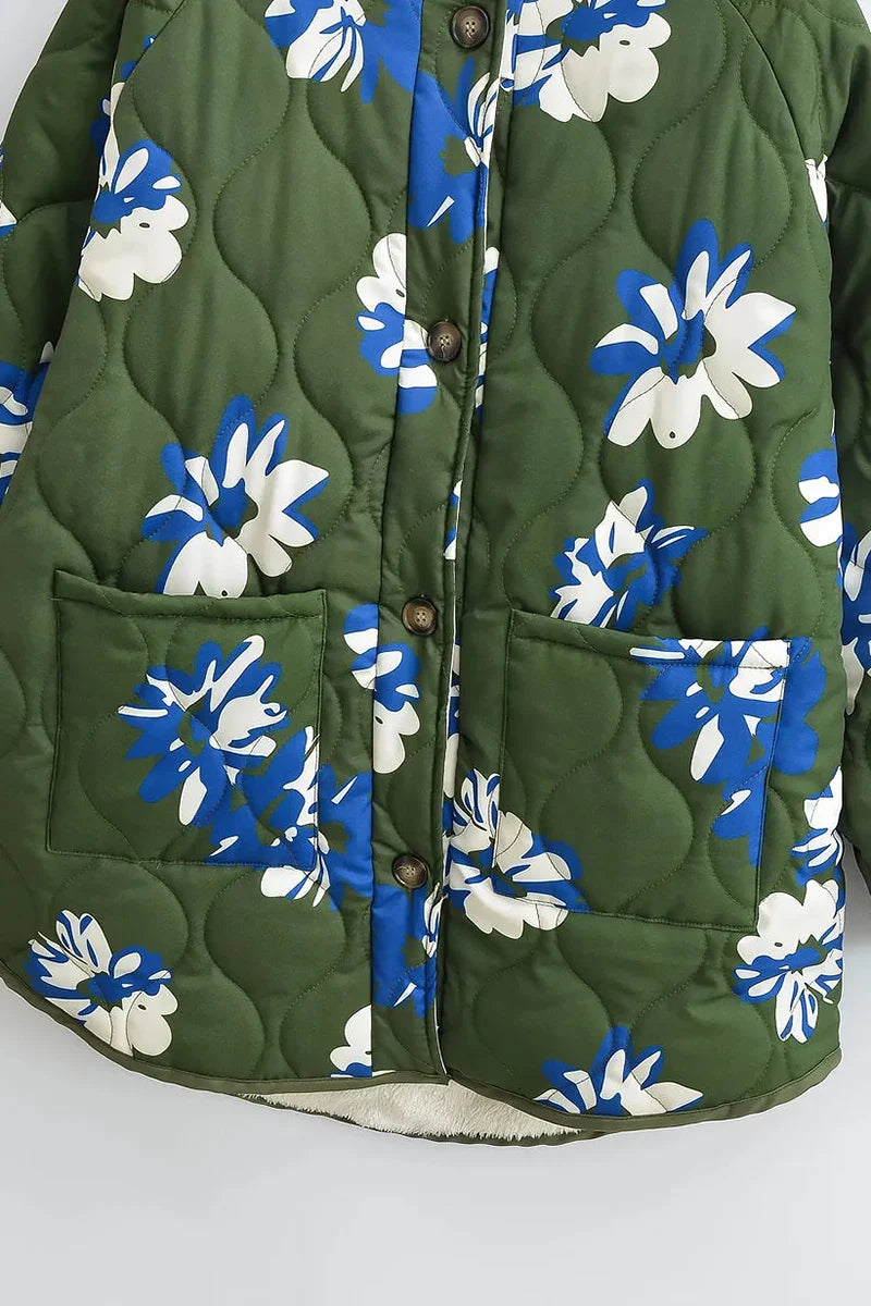 Yeşil Çiçek Desenli Oversize Kapitone Ceket Zalle