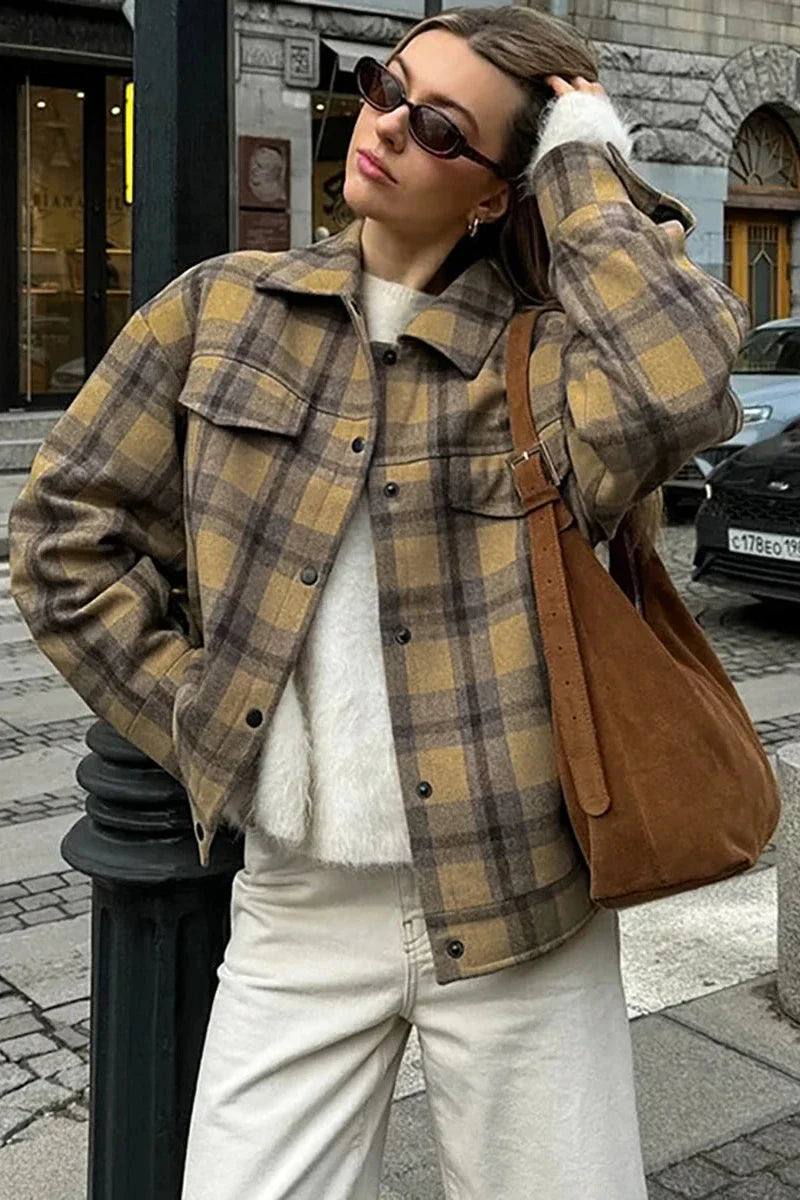 Kahverengi Ekose Oversize Kaşe Ceket Zalle