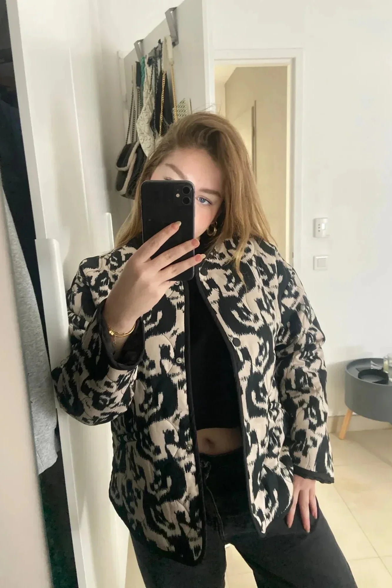 Siyah Beyaz Desenli Oversize Bomber Ceket Zalle
