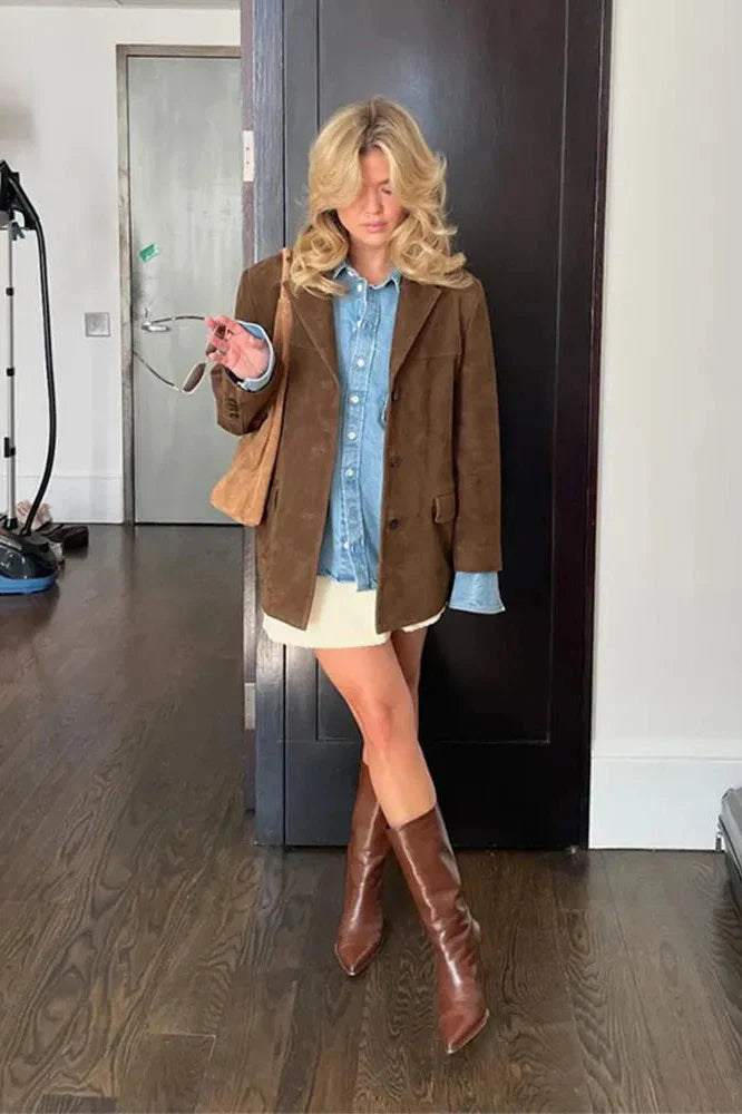 Kahverengi Şık Düğmeli Blazer Ceket Zalle
