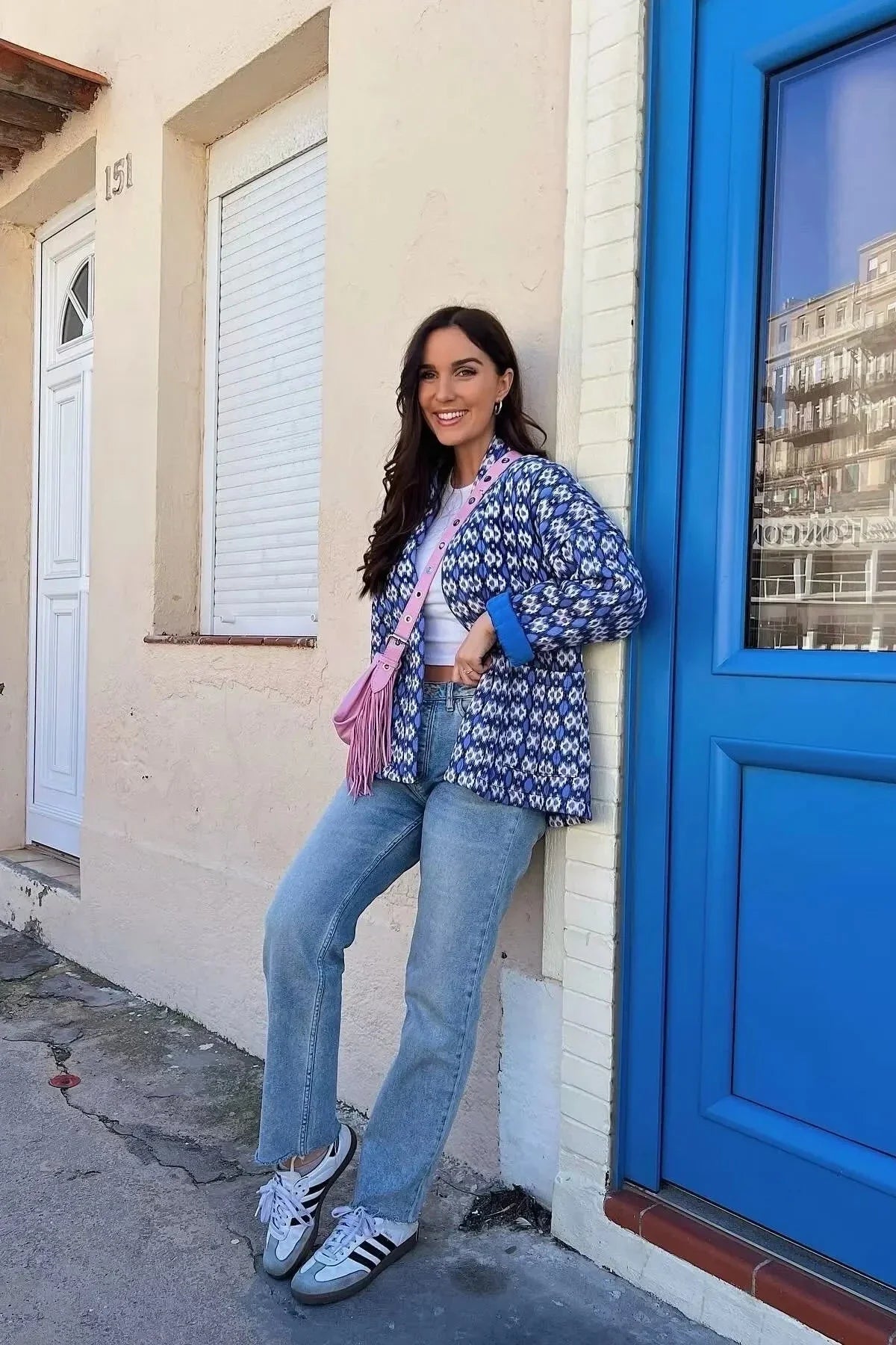 Mavi Etnik Desenli Oversize Kapitone Ceket Zalle