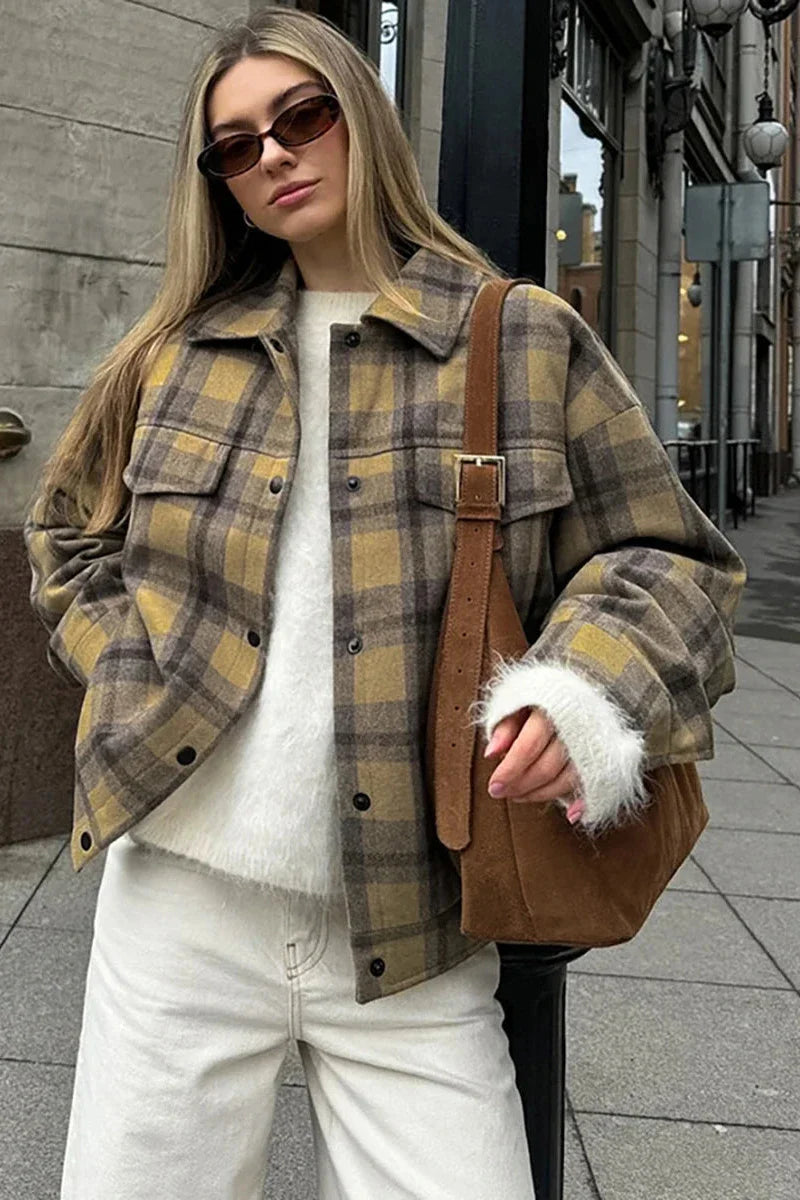 Kahverengi Ekose Oversize Kaşe Ceket Zalle