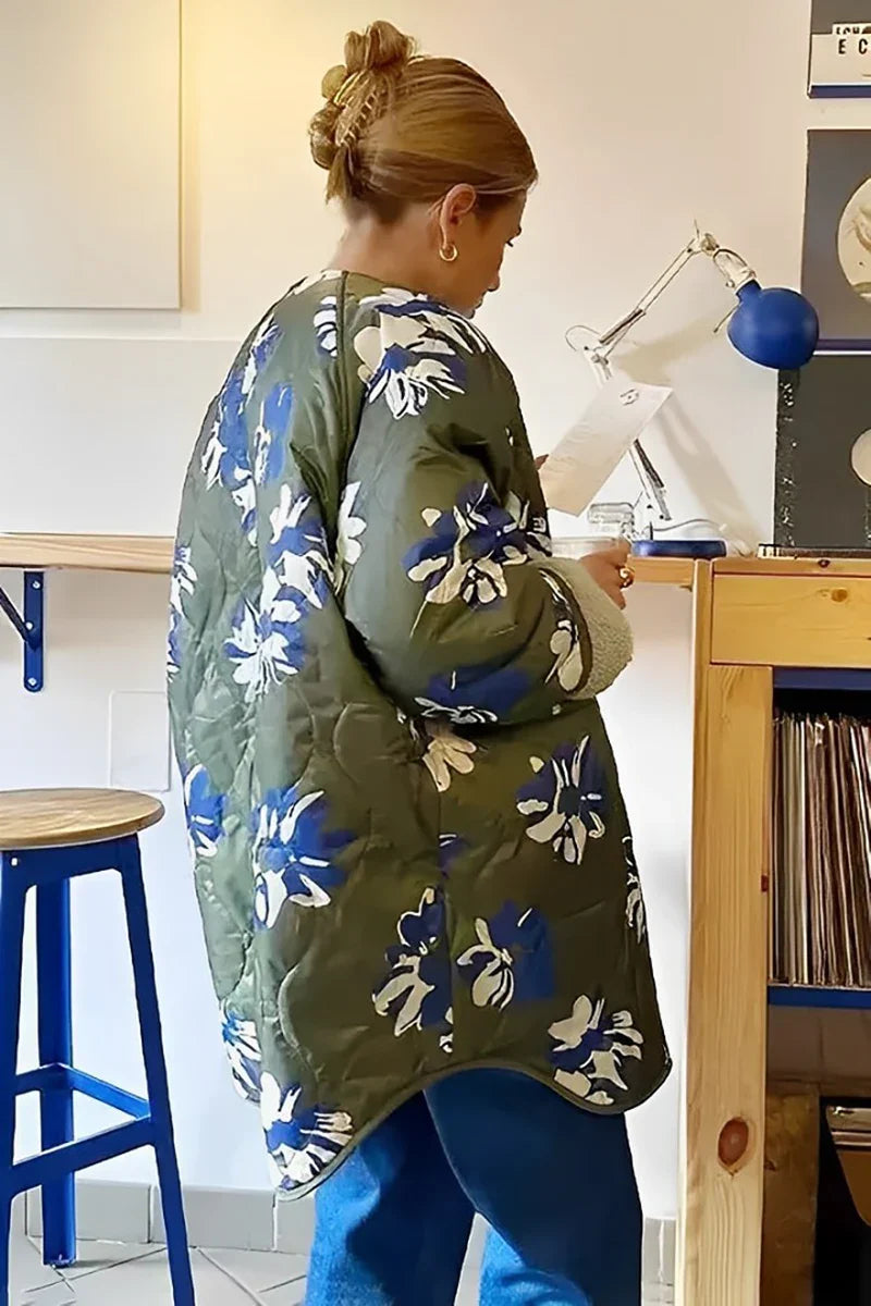 Yeşil Çiçek Desenli Oversize Kapitone Ceket Zalle