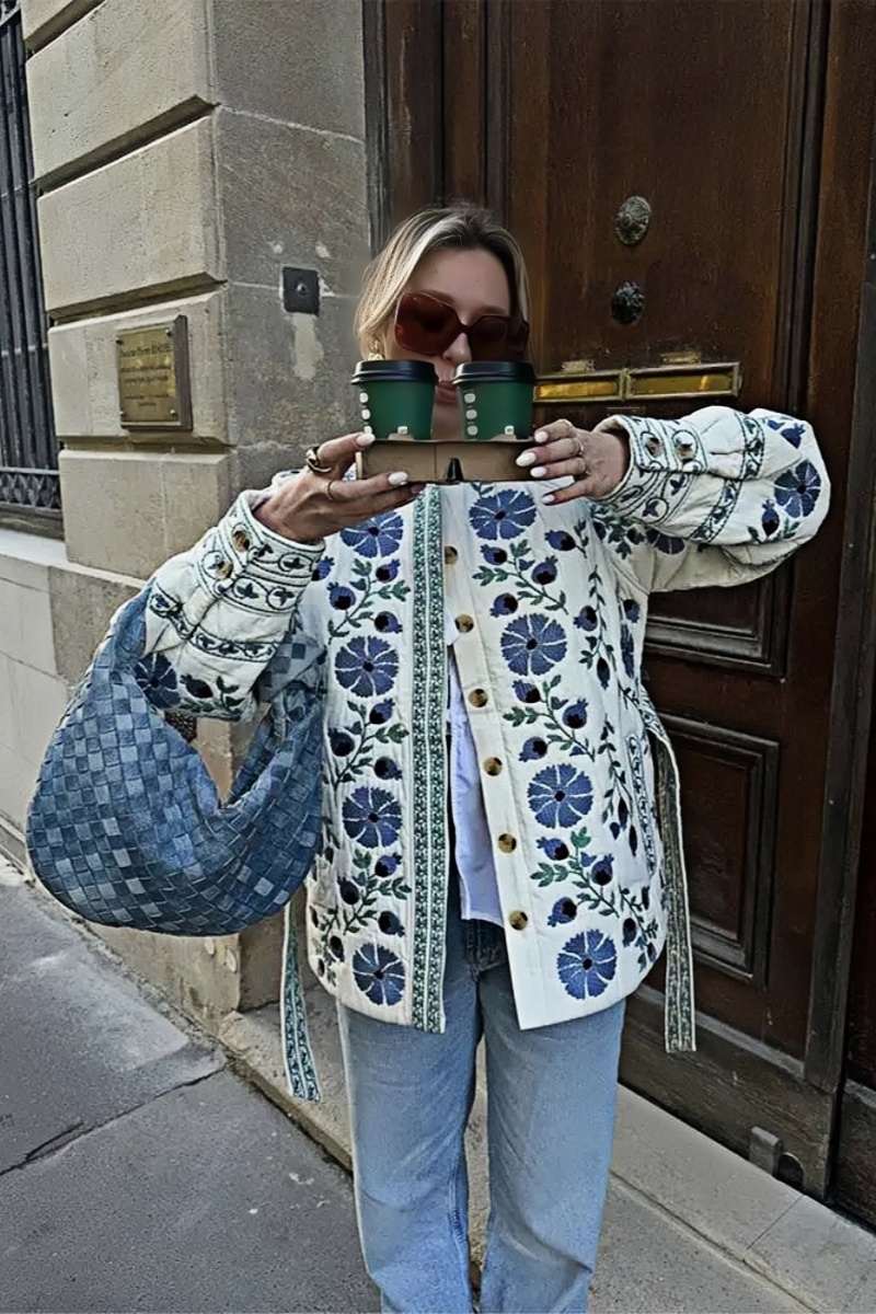 Krem Renk Çiçek Desenli Kuşaklı Blazer Ceket Zalle