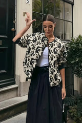 Siyah Beyaz Desenli Oversize Bomber Ceket Zalle
