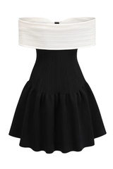Siyah-Beyaz Off Shoulder Fiyonklu Straplez Mini Elbise Zalle