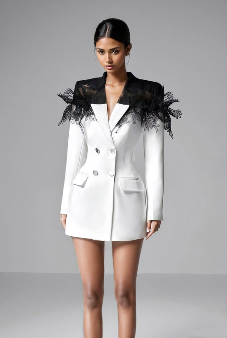 Siyah Dantel Detaylı Beyaz Mini Blazer Elbise