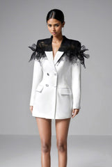 Siyah Dantel Detaylı Beyaz Mini Blazer Elbise