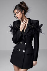 Siyah Dantel Detaylı Siyah Mini Blazer Elbise