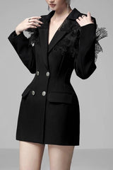 Siyah Dantel Detaylı Siyah Mini Blazer Elbise