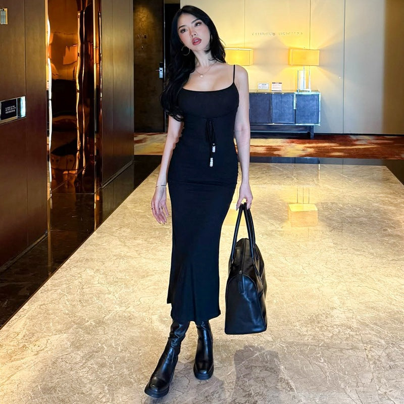 Siyah İp Askılı Bodycon Maxi Elbise Zalle