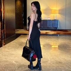 Siyah İp Askılı Bodycon Maxi Elbise Zalle