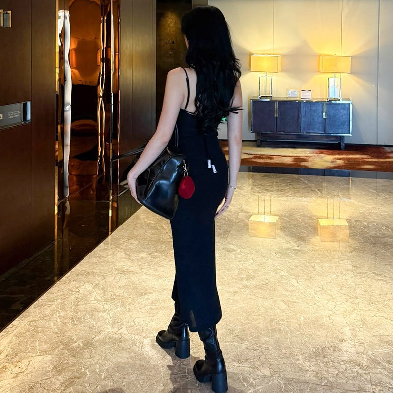 Siyah İp Askılı Bodycon Maxi Elbise Zalle
