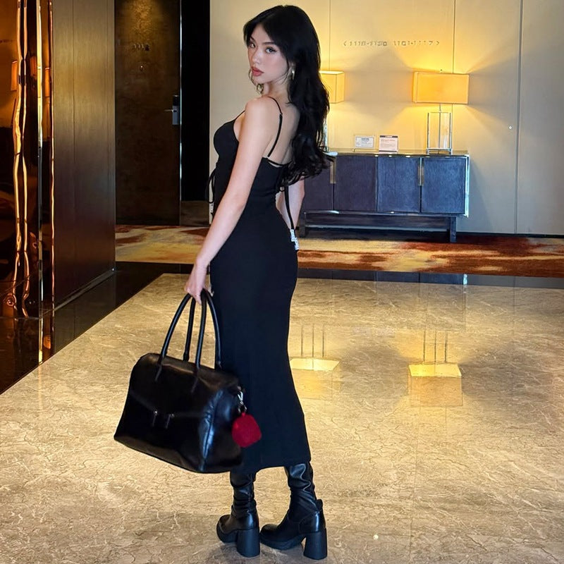 Siyah İp Askılı Bodycon Maxi Elbise Zalle