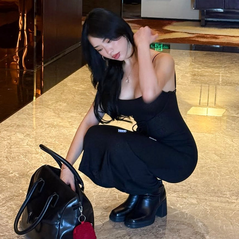 Siyah İp Askılı Bodycon Maxi Elbise Zalle