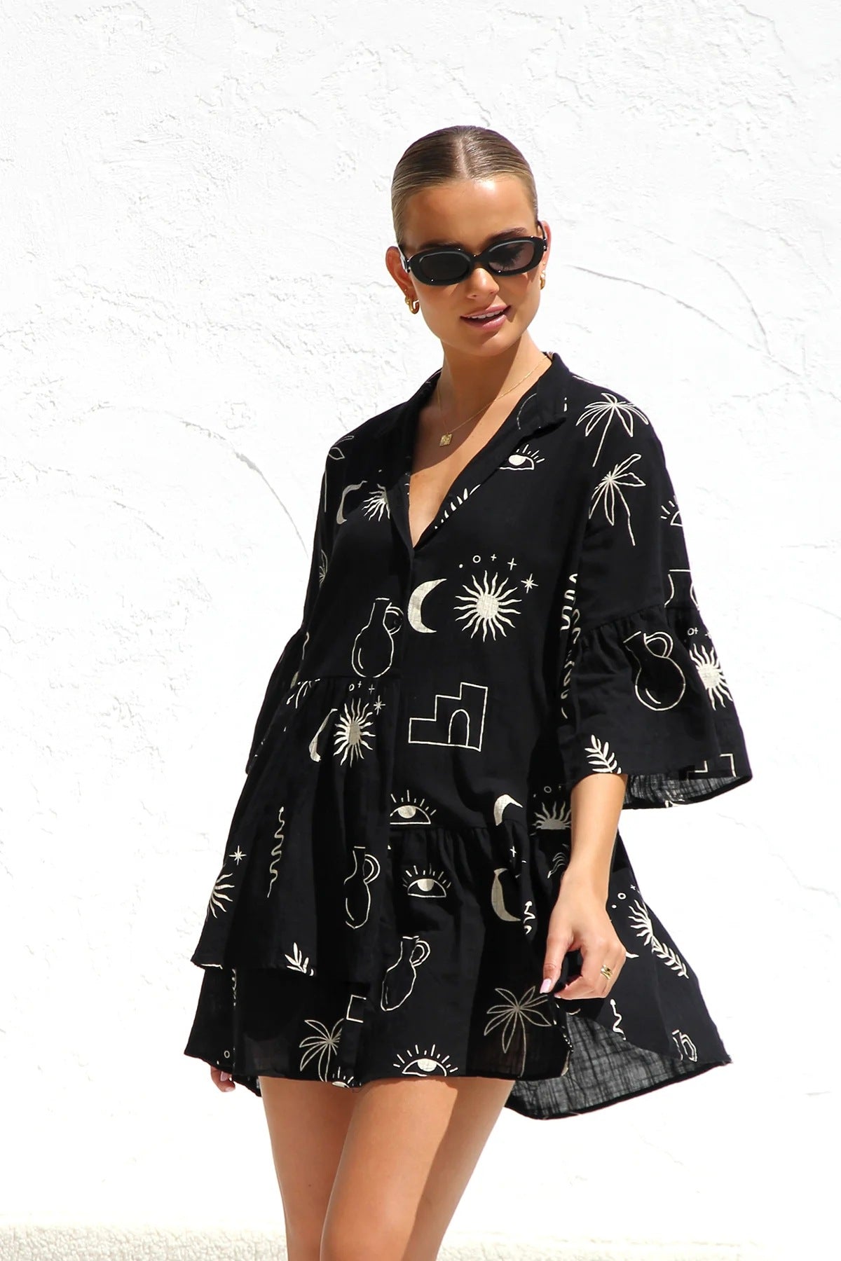 Siyah Oversize Astro Desenli Yazlık V Yaka Mini Elbise(satisyok) Zalle