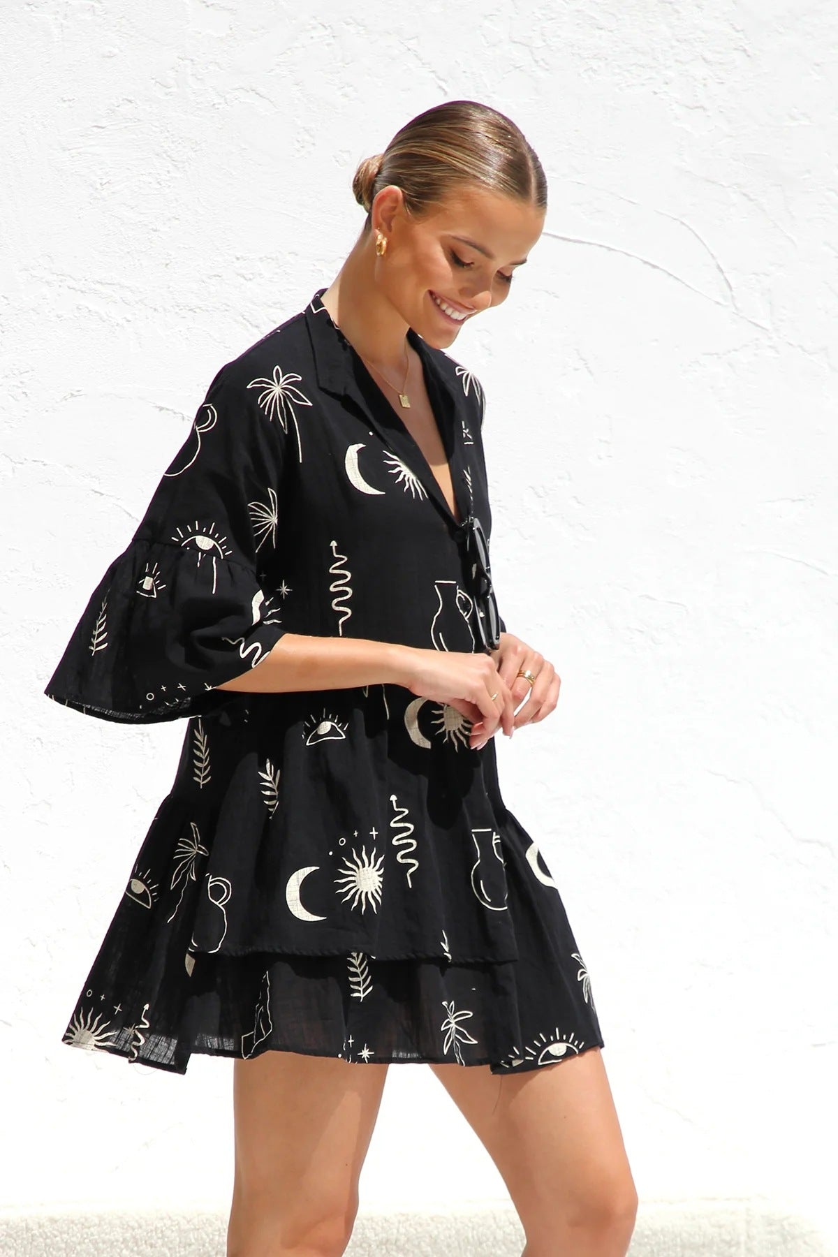 Siyah Oversize Astro Desenli Yazlık V Yaka Mini Elbise(satisyok) Zalle