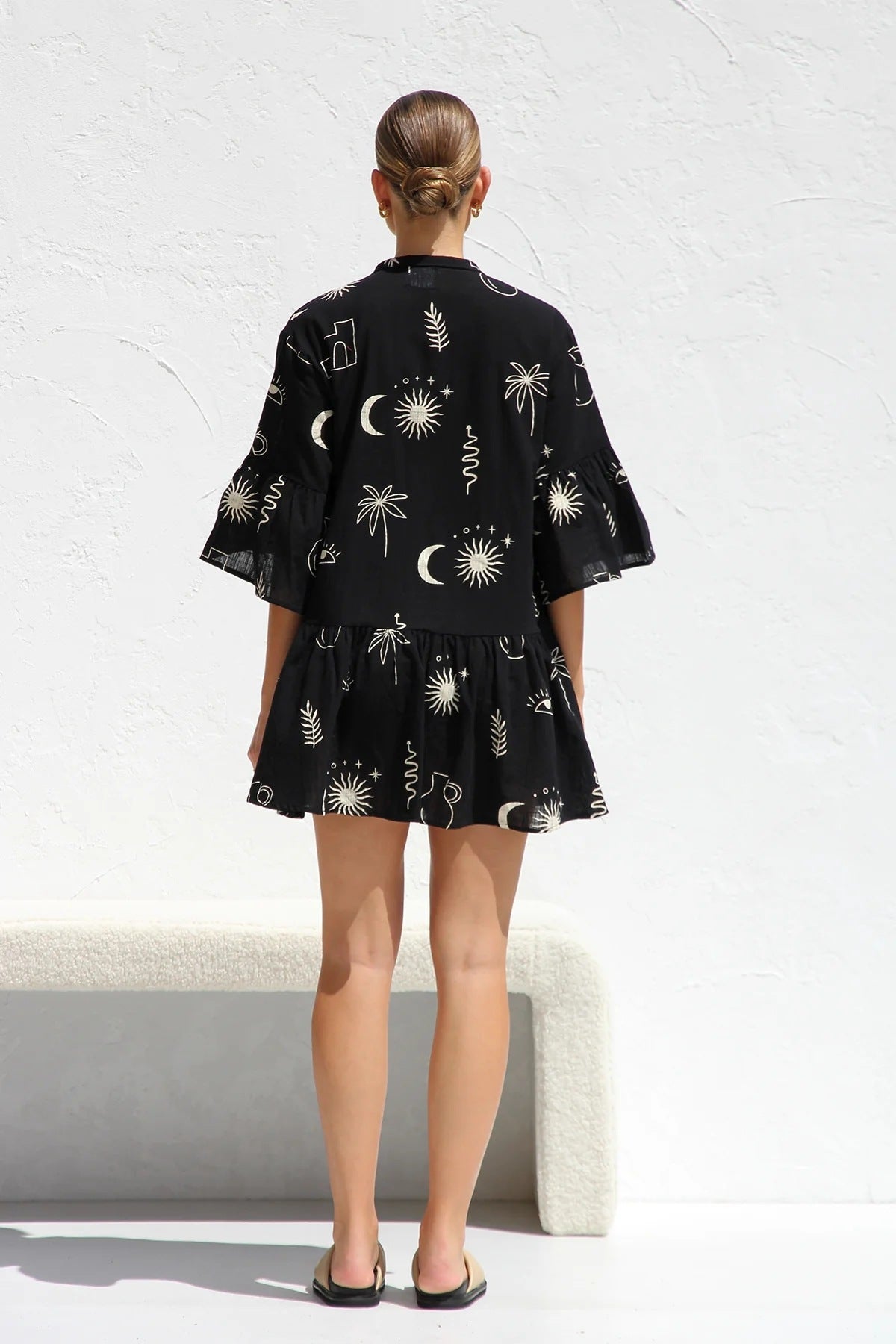 Siyah Oversize Astro Desenli Yazlık V Yaka Mini Elbise(satisyok) Zalle