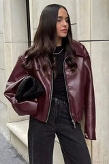 Kahverengi Şık Lapel Deri Biker Ceket Zalle