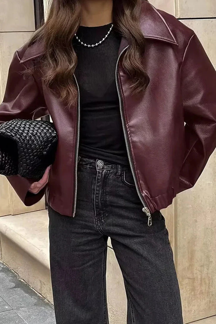 Kahverengi Şık Lapel Deri Biker Ceket Zalle