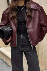 Kahverengi Şık Lapel Deri Biker Ceket Zalle