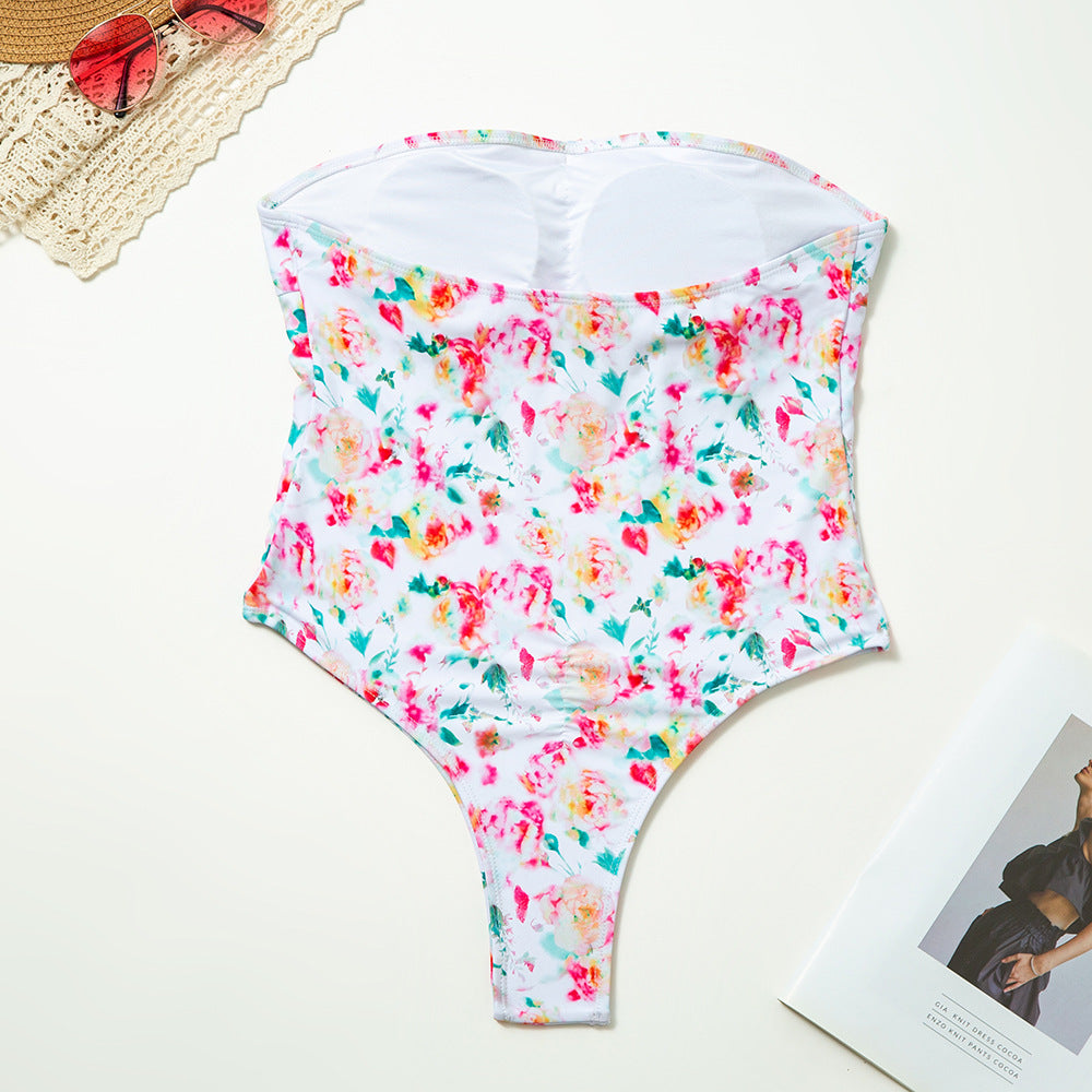 Strapless Floral Patterned One Piece Swimsuit