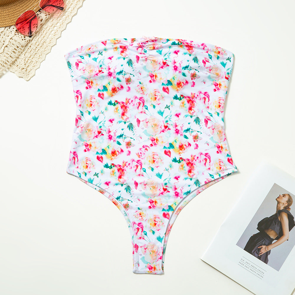 Strapless Floral Patterned One Piece Swimsuit