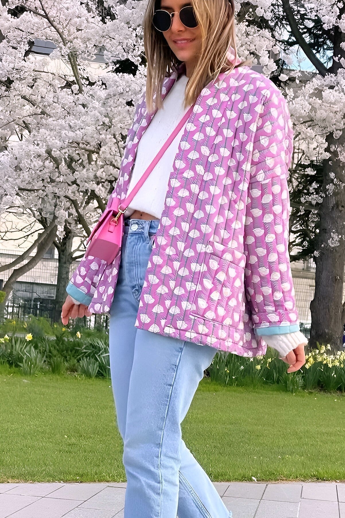 Pembe Desenli Oversize Kapitone Ceket Zalle
