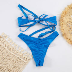Tek Omuz Halkalı Parlak Mavi Bikini Takımı
