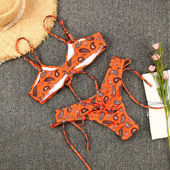 Turuncu Desenli Bağcıklı Yüksek Bel Bikini Takımı Zalle