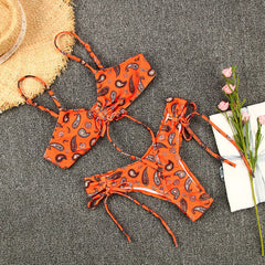 Turuncu Desenli Bağcıklı Yüksek Bel Bikini Takımı Zalle