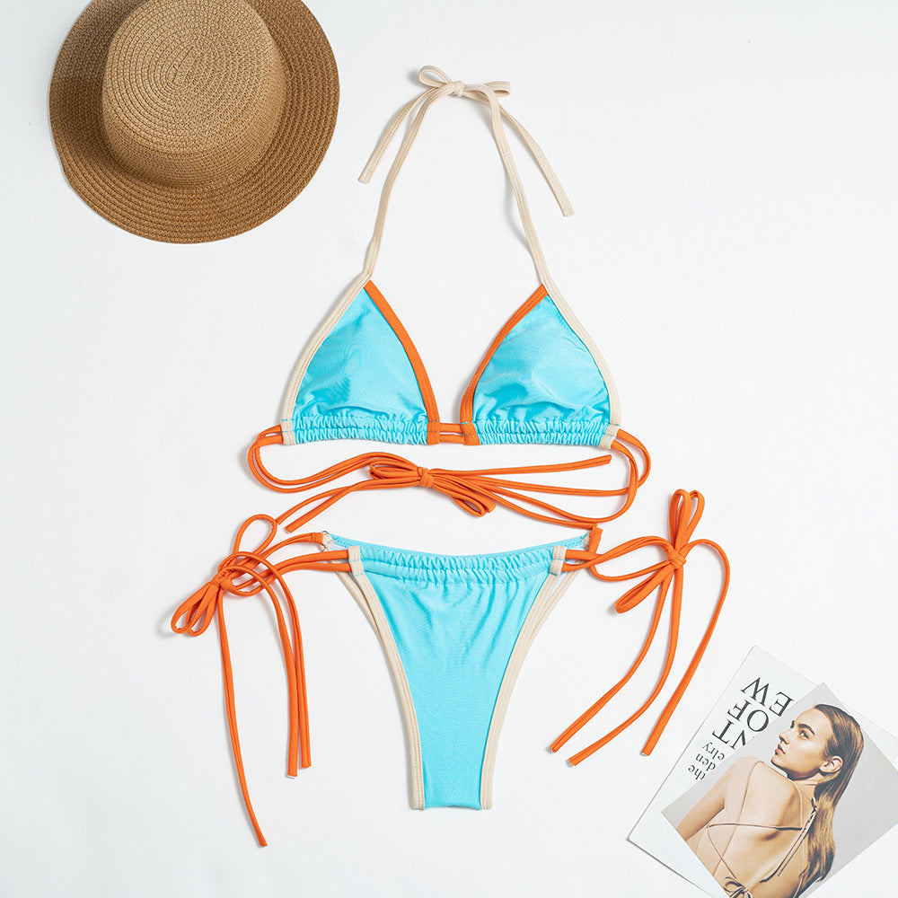 Turuncu Detaylı Mavi Pamuklu Üçgen Bikini Takımı Zalle