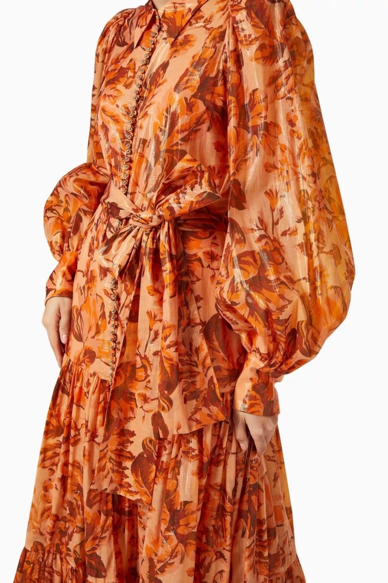 Turuncu Floral Desenli Kuşaklı Maxi Gömlek Elbise