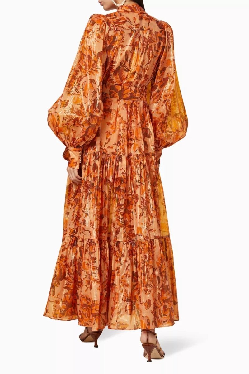 Turuncu Floral Desenli Kuşaklı Maxi Gömlek Elbise