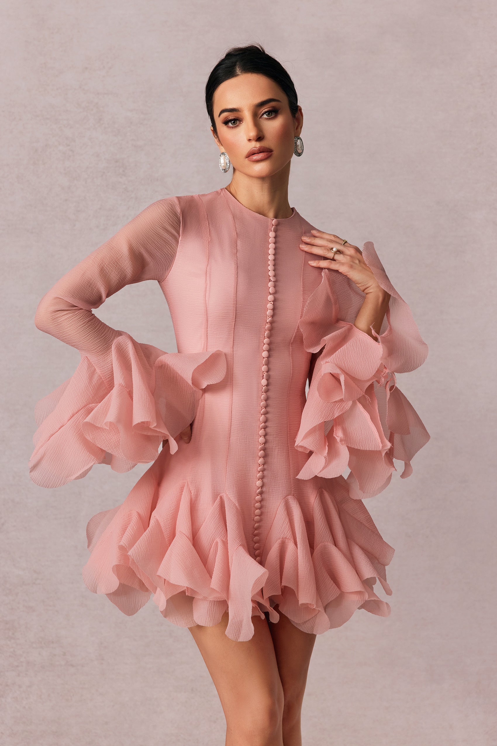 Volan Detaylı Pembe Uzun Kollu Mini Elbise