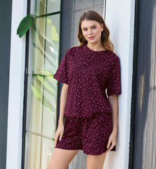 Claret Red Plain Patterned Pajama Set