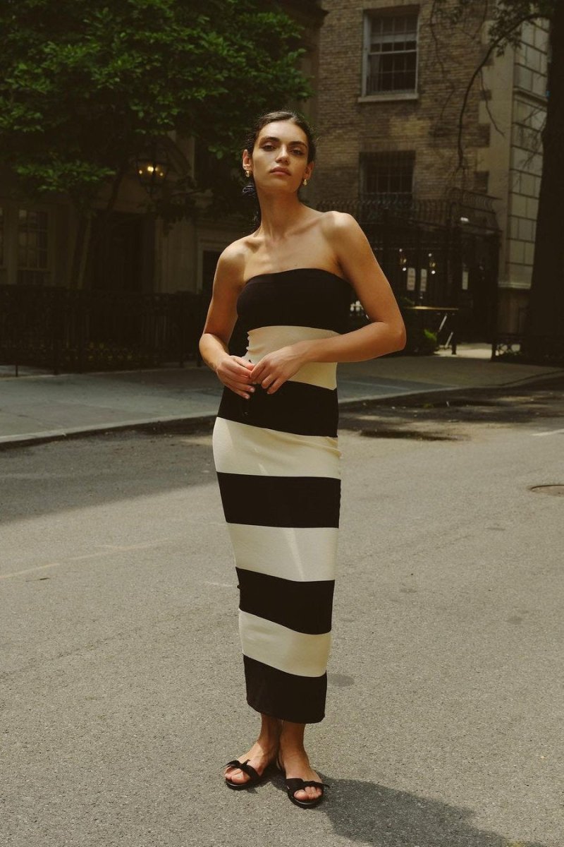 Zebra Desenli Siyah Ekru Straplez Midi Elbise Zalle