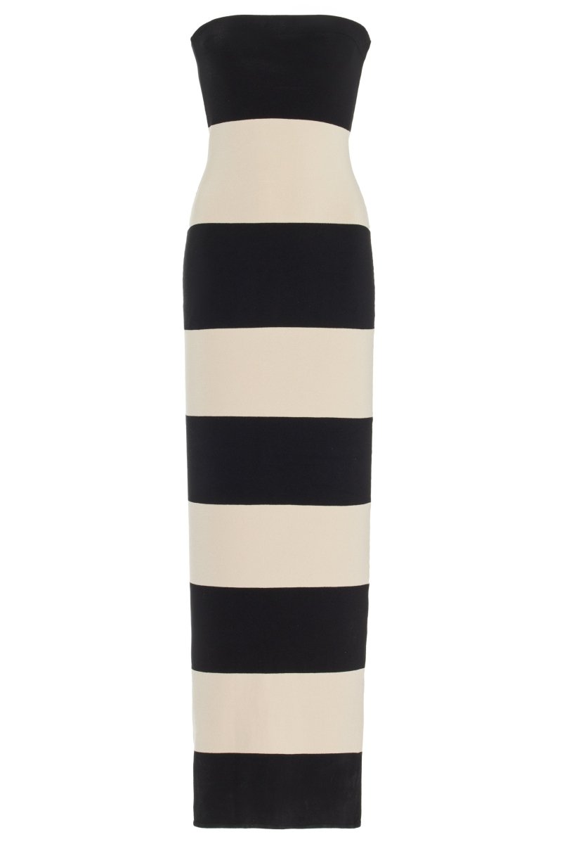 Zebra Desenli Siyah Ekru Straplez Midi Elbise Zalle