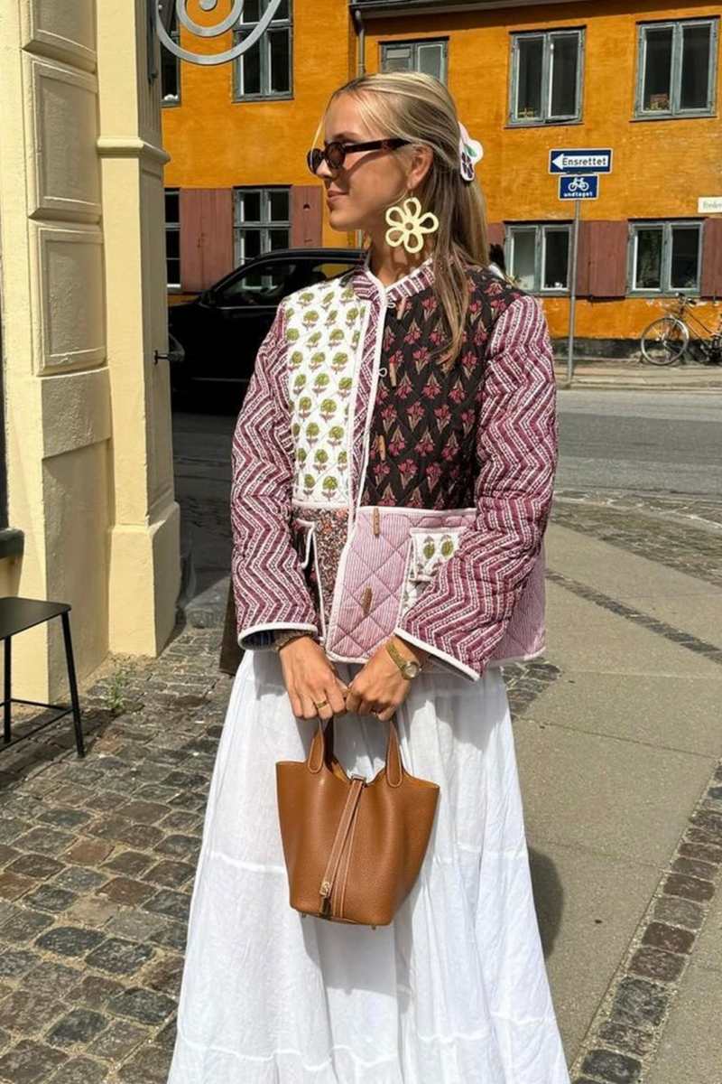 Çok Renkli Patchwork Desenli Oversize Kapitone Ceket Zalle