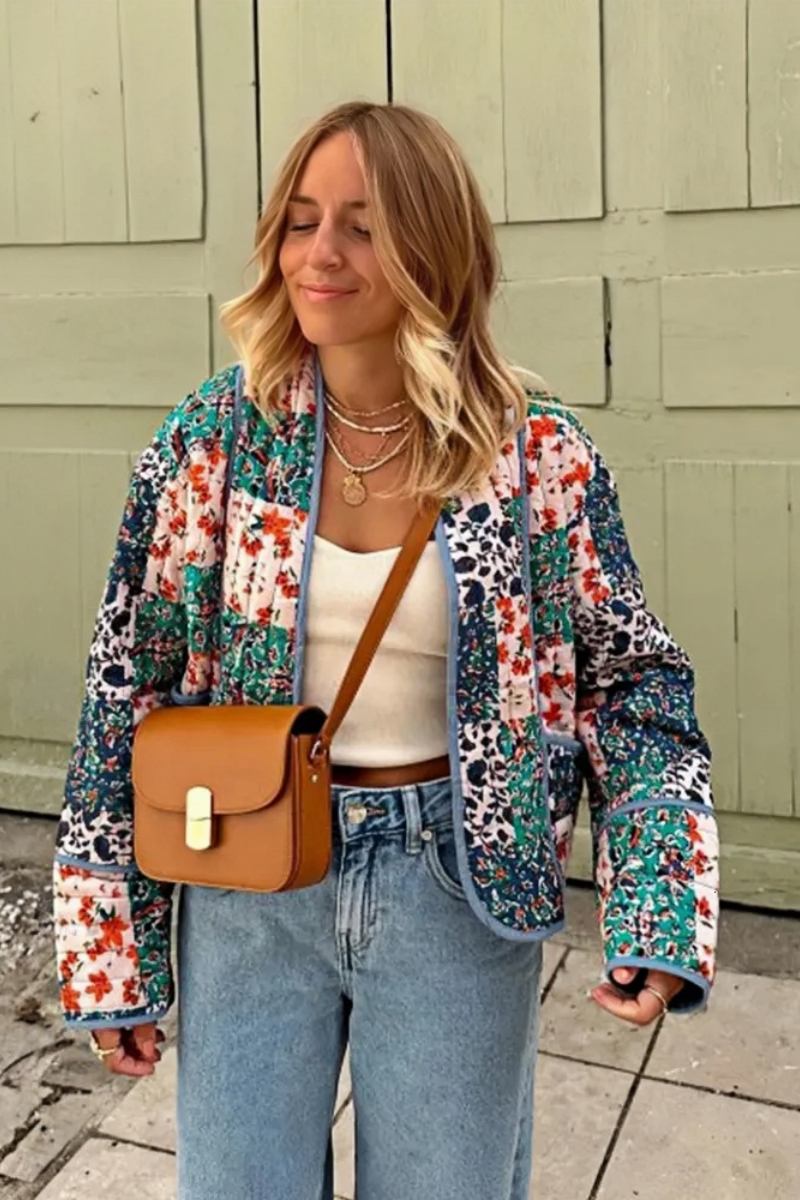 Mavi Yeşil Patchwork Desenli Kapitone Ceket Zalle