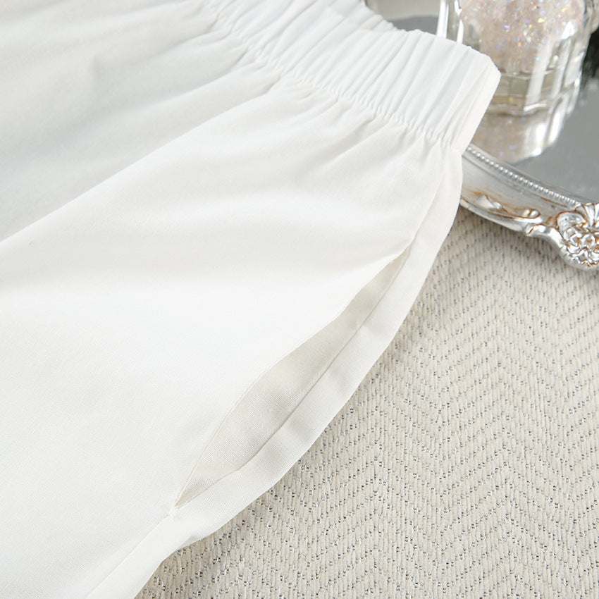 Cotton White Vest Wide Leg Suit 